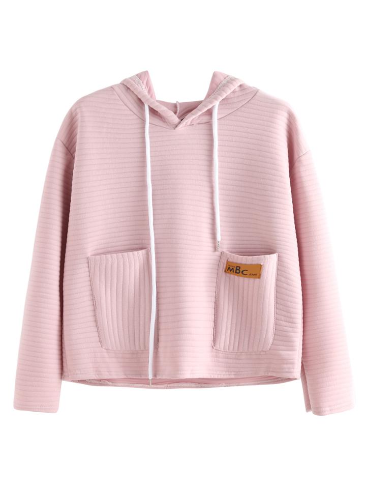 Romwe Pink Striped Textured Hooded Sweatshirt With Pocket