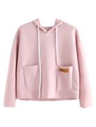 Romwe Pink Striped Textured Hooded Sweatshirt With Pocket