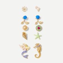 Romwe Mermaid & Shell Mismatched Stud Earrings 6pairs