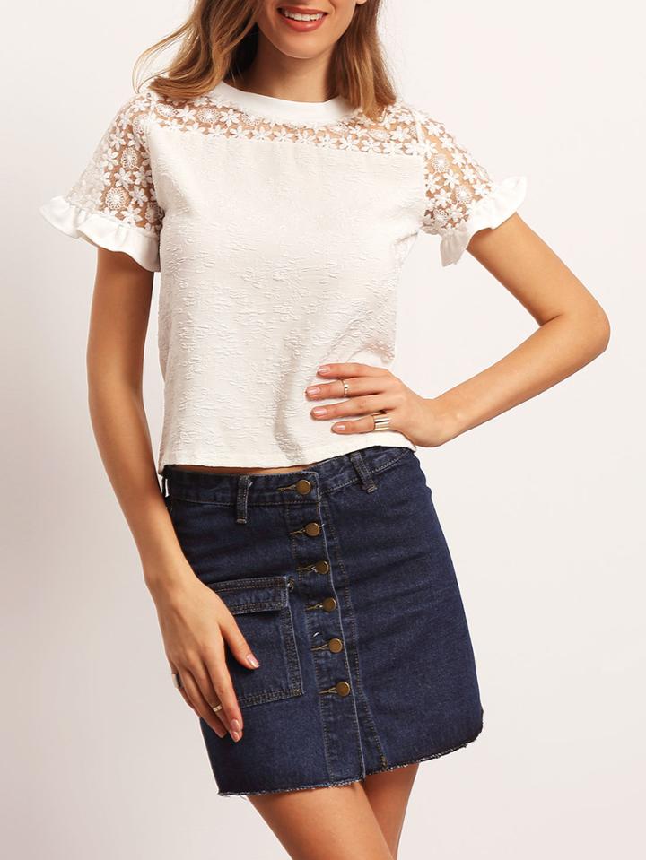Romwe White Crew Neck Short Sleeve Lace Blouse