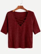 Romwe Burgundy Criss Cross Deep V Neck Ribbed Knit T-shirt