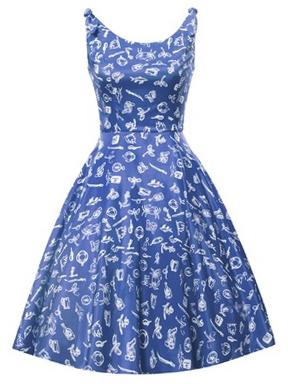 Romwe Blue Printed Vintage Fit And Flare Dress