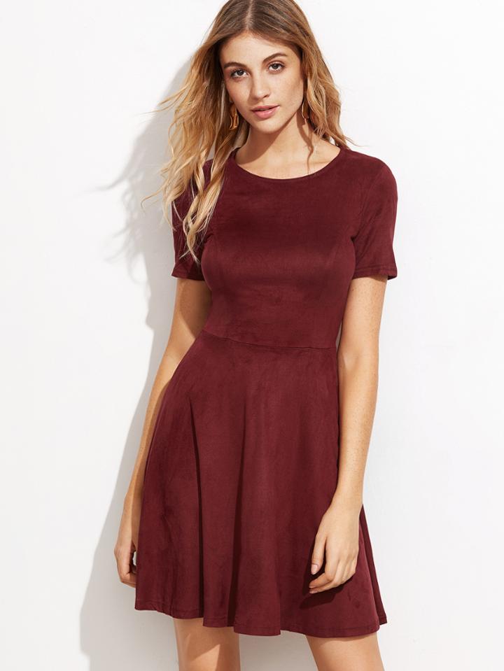 Romwe Burgundy Suede Zipper Back Skater Dress