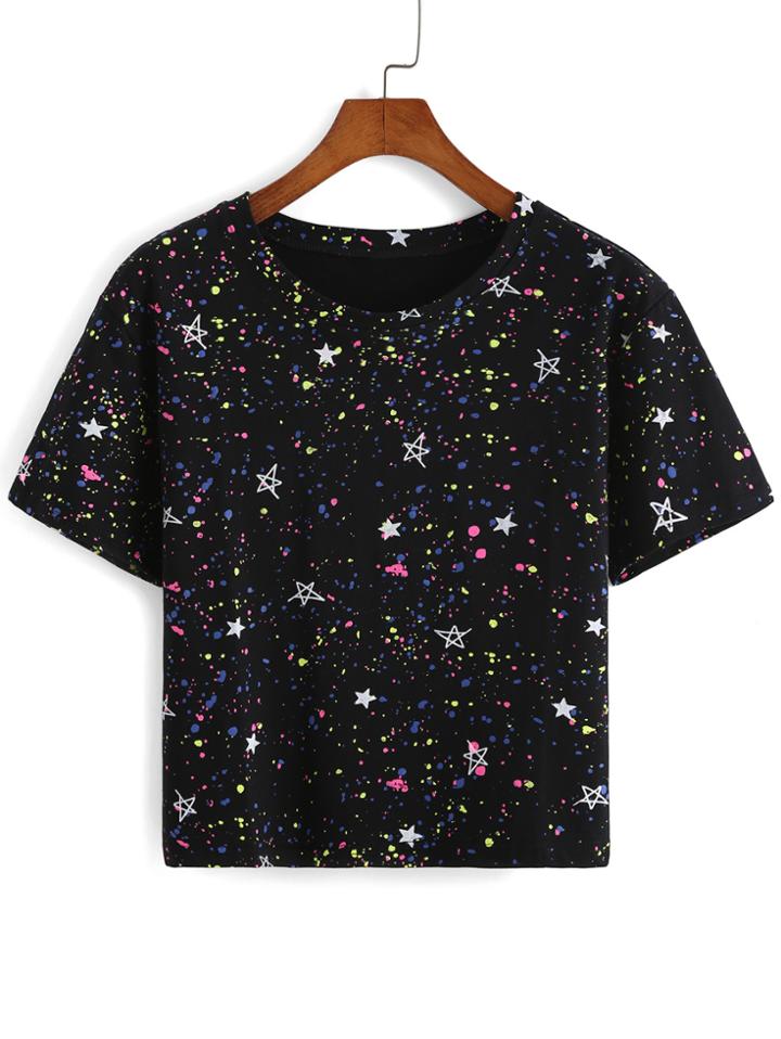 Romwe Star Print Black T-shirt