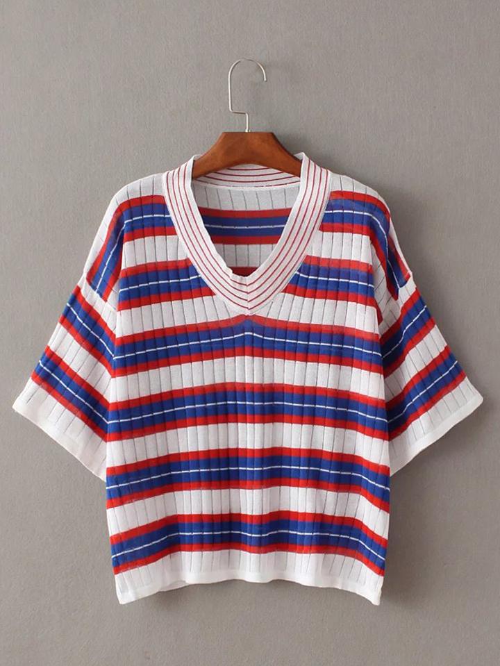 Romwe Blue And Red V Neck Stripe T-shirt