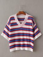 Romwe Blue And Red V Neck Stripe T-shirt