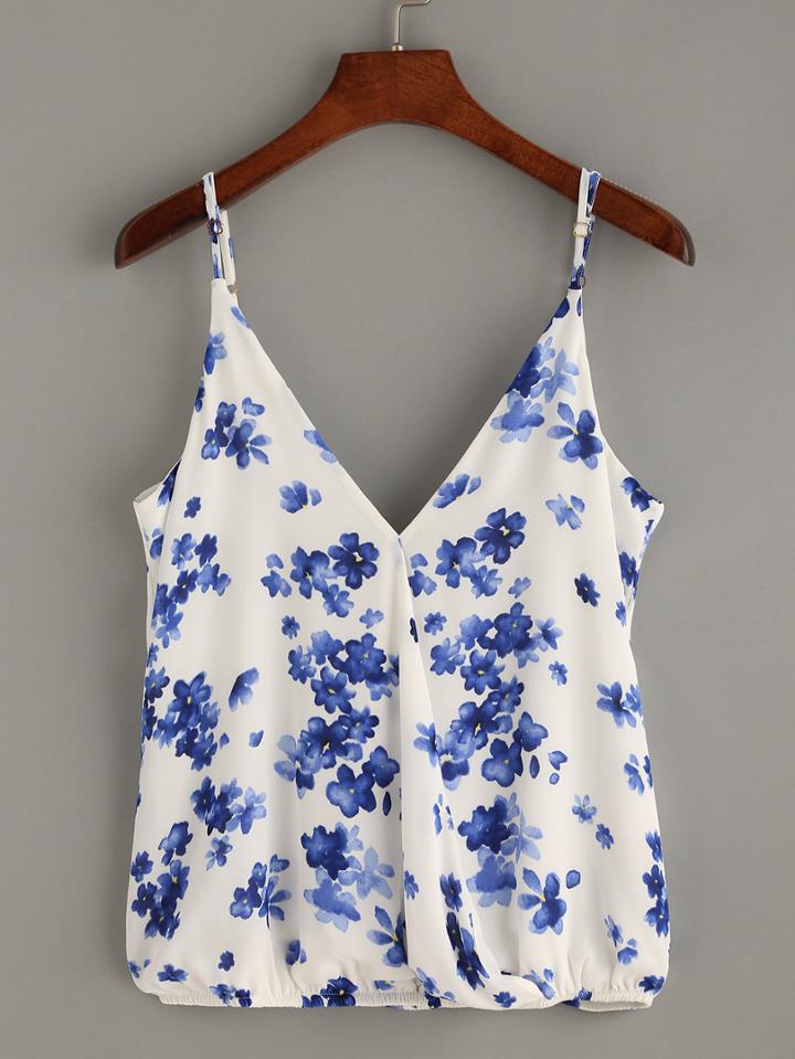 Romwe Blue Floral Print Wrap Cami Top
