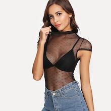 Romwe Mock Neck Sheer Lace Blouse