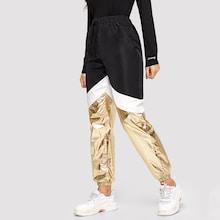 Romwe Elastic Hem Cut-and-sew Metallic Pants