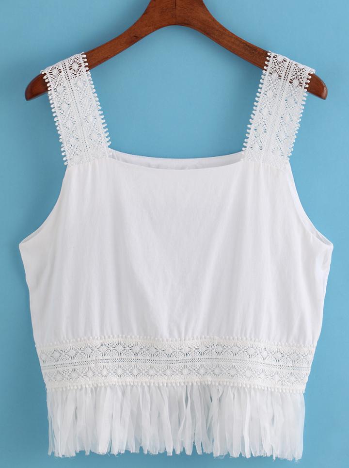 Romwe Lace Crochet With Tassel Tank Top
