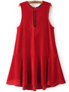 Romwe Red Keyhole Zipper Back Drop Waist Velvet Dress