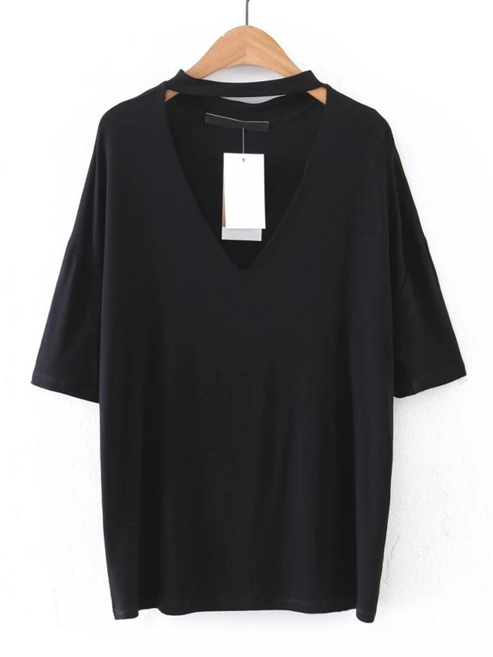 Romwe Choker V Neck Drop Shoulder T-shirt