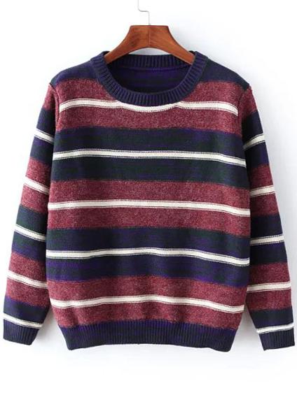 Romwe Women Striped Loose Burgundy Sweater