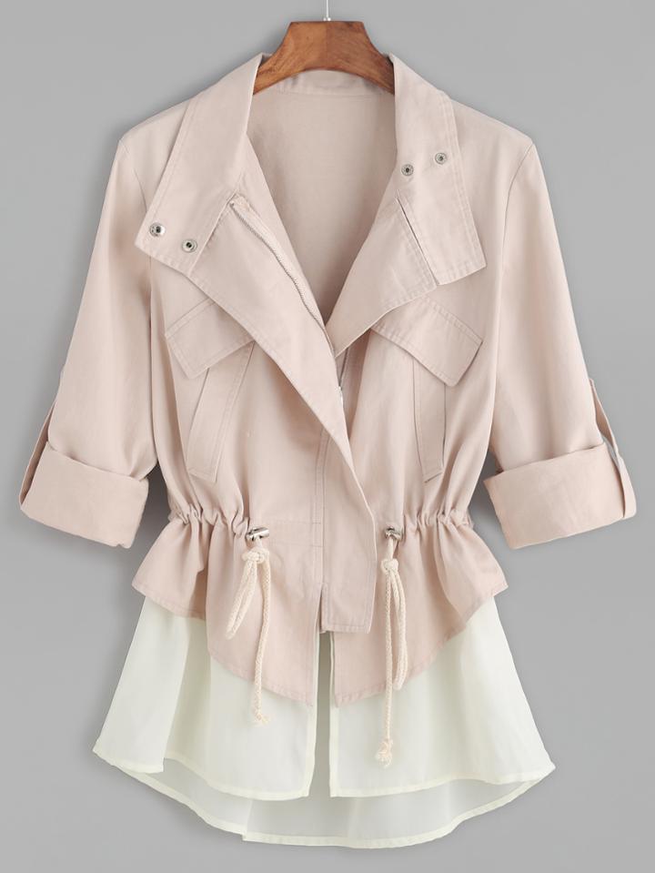 Romwe Roll Sleeve Drawstring Jacket With Contrast Trim
