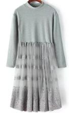 Romwe Stand Collar Sheer Mesh Lace Grey Dress