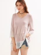 Romwe Apricot Lace Trim Three Quarter Length Sleeve Blouse