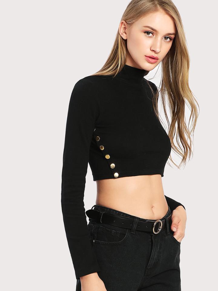 Romwe Surplice Button Side Crop Tee