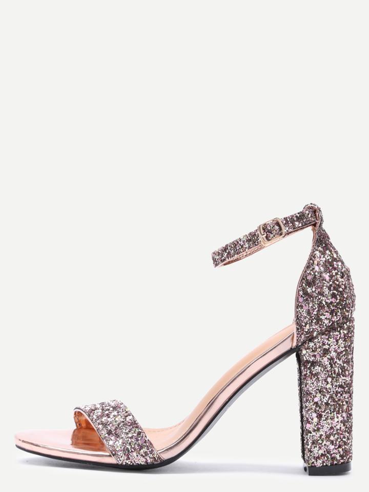 Romwe Glittery Rose Gold Sequin Open Toe Mary Jane Ankle Strap Sandals