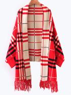 Romwe Red Plaid Shawl Collar Fringe Detail Poncho Sweater