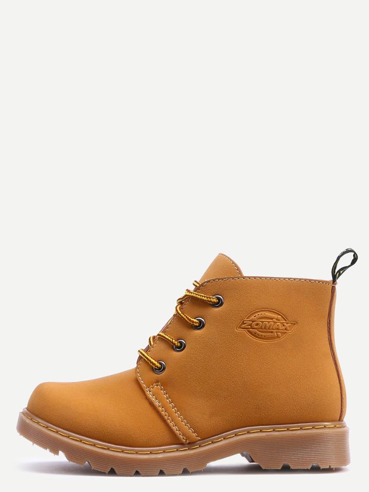 Romwe Camel Round Toe Lace Up Pu Boots