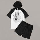 Romwe Guys Raglan Sleeve Skeleton Print Hooded Top & Shorts Set