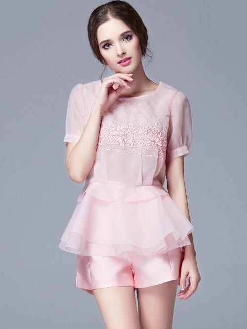 Romwe Peplum Hem Embroidered Top With Shorts