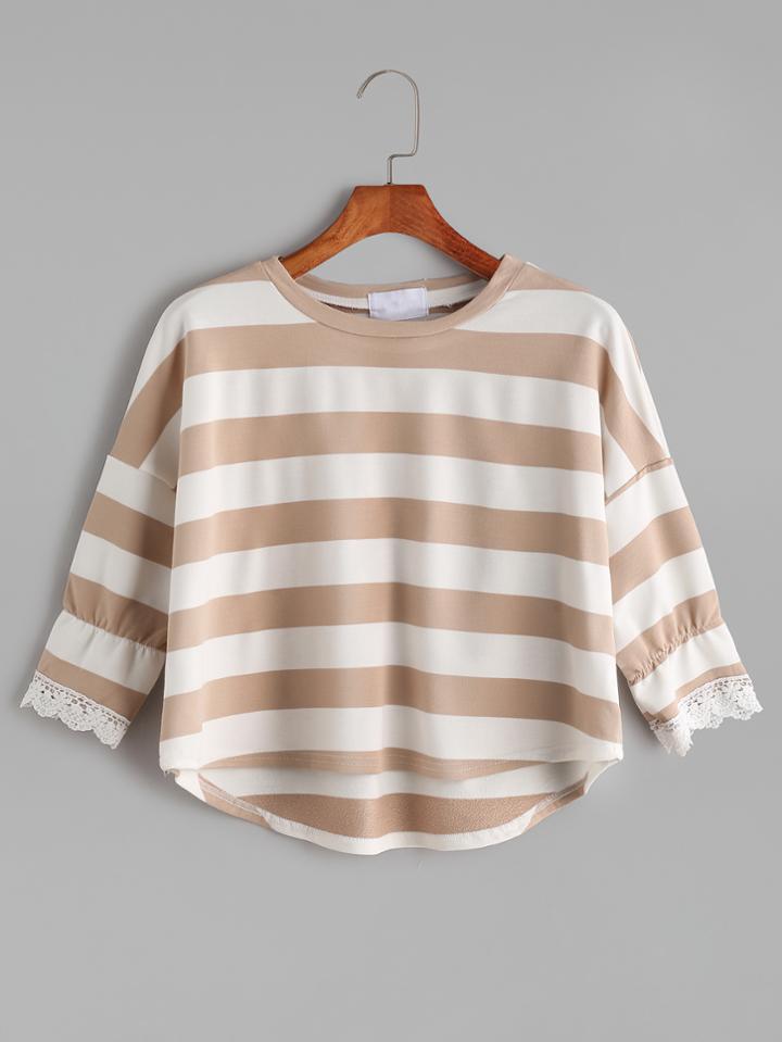 Romwe Striped Lace Cuffs Crop High Low T-shirt