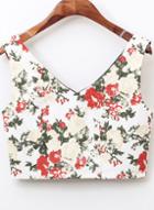 Romwe V Neck Floral Crop White Tank Top