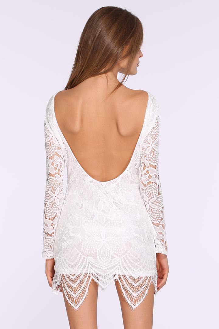 Romwe White Long Sleeve Hollow Lace Backless Dress