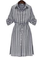 Romwe Lapel Vertical Stripe Split Shirt Dress