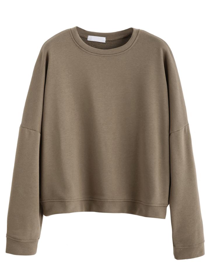 Romwe Khaki Dropped Shoulder Seam Sweatshirt