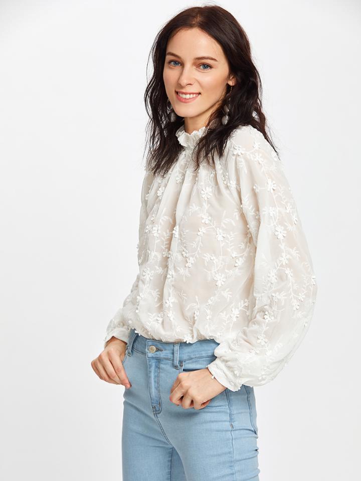 Romwe Frilled Neck Scallop Hem Applique Embroidered Top