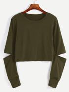 Romwe Army Green Cut Out Sleeve Crop Sweatshirt