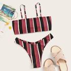 Romwe Striped Knot Back Top With High Cut Bikini Set