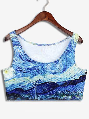 Romwe Blue Scoop Neck Starry Night Printed Crop Top