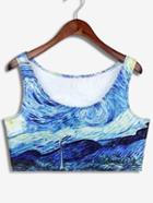 Romwe Blue Scoop Neck Starry Night Printed Crop Top