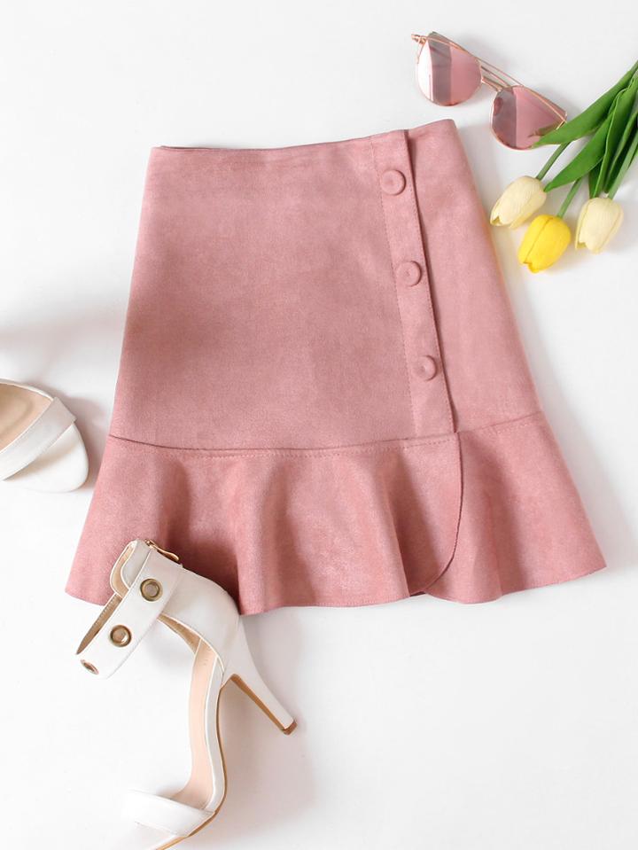Romwe Ruffle Hem Single Breasted Suede Skirt