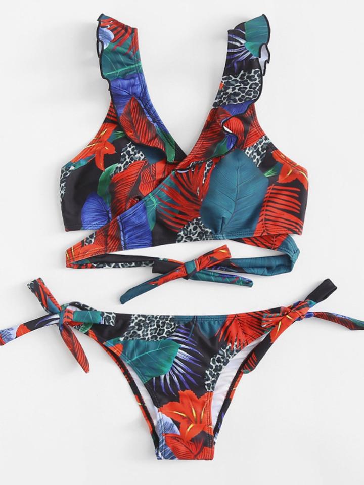 Romwe Tropical Print Ruffle Wrap Bikini Set