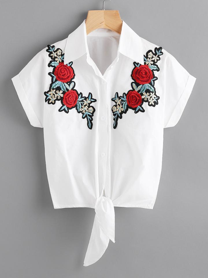 Romwe Floral Embroidered Patch Knot Front Cuffed Shirt