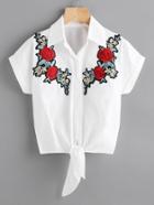 Romwe Floral Embroidered Patch Knot Front Cuffed Shirt