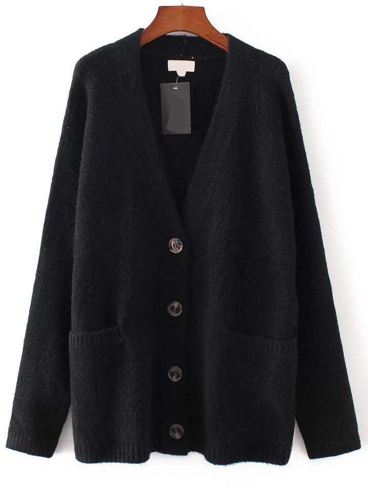 Romwe Black V Neck Drop Shoulder Pocket Cardigan
