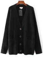 Romwe Black V Neck Drop Shoulder Pocket Cardigan