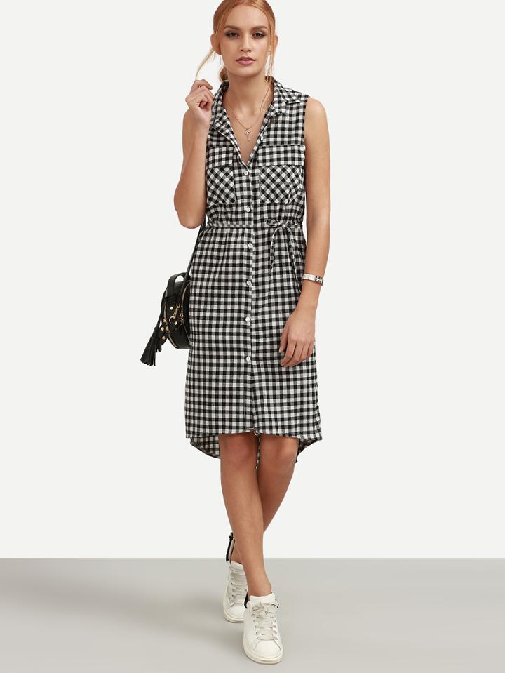 Romwe Black Checkerboard Self Tie Equipment Shirt Dress