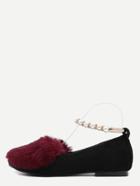 Romwe Red Rabbit Hair Embellished Pearl Strap Flats