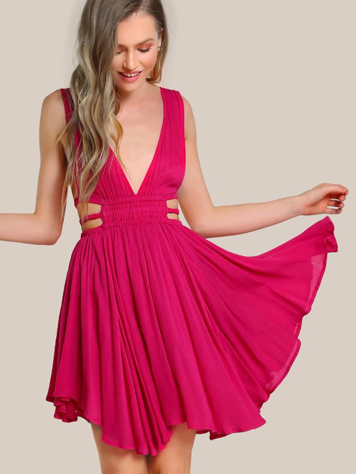 Romwe Double Plunge Neck Ladder Shirred Strap Waist Swing Dress