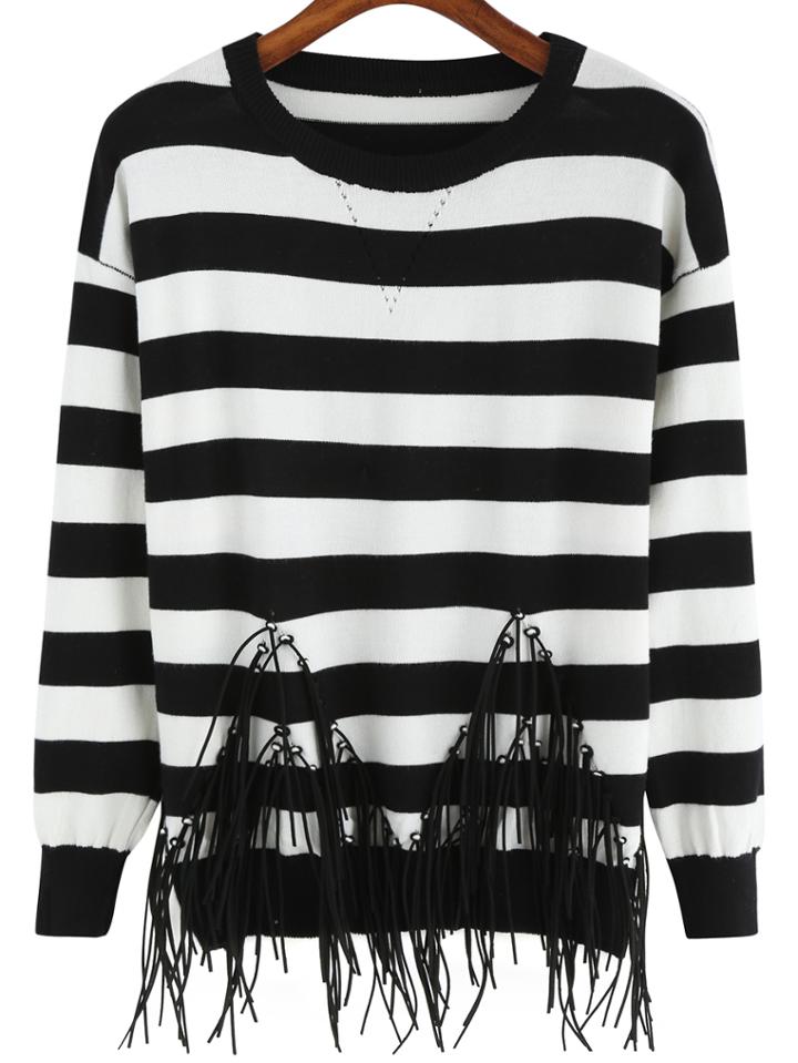 Romwe Round Neck Striped Tassel Sweater