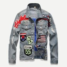 Romwe Guys Patched & Ripped Detail Denim Jacket