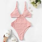 Romwe Ribbed Adjustable Strap Plunge Monokini