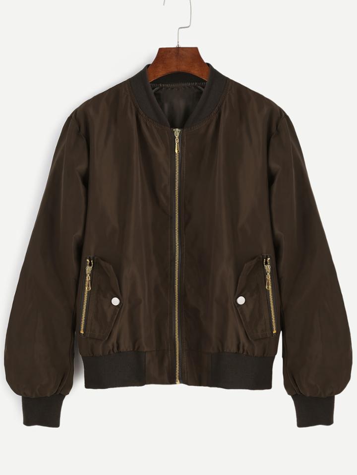 Romwe Brown Long Sleeve Multi Zip Bomber Jacket