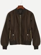 Romwe Brown Long Sleeve Multi Zip Bomber Jacket